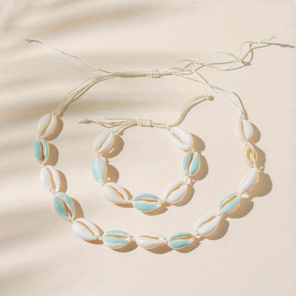 Colorful Shell Necklace & Bracelet Set, Adjustable Braided Jewelry