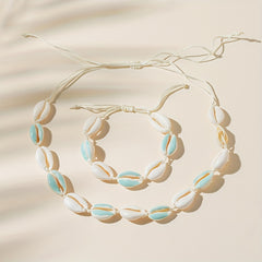 Colorful Shell Necklace & Bracelet Set, Adjustable Braided Jewelry