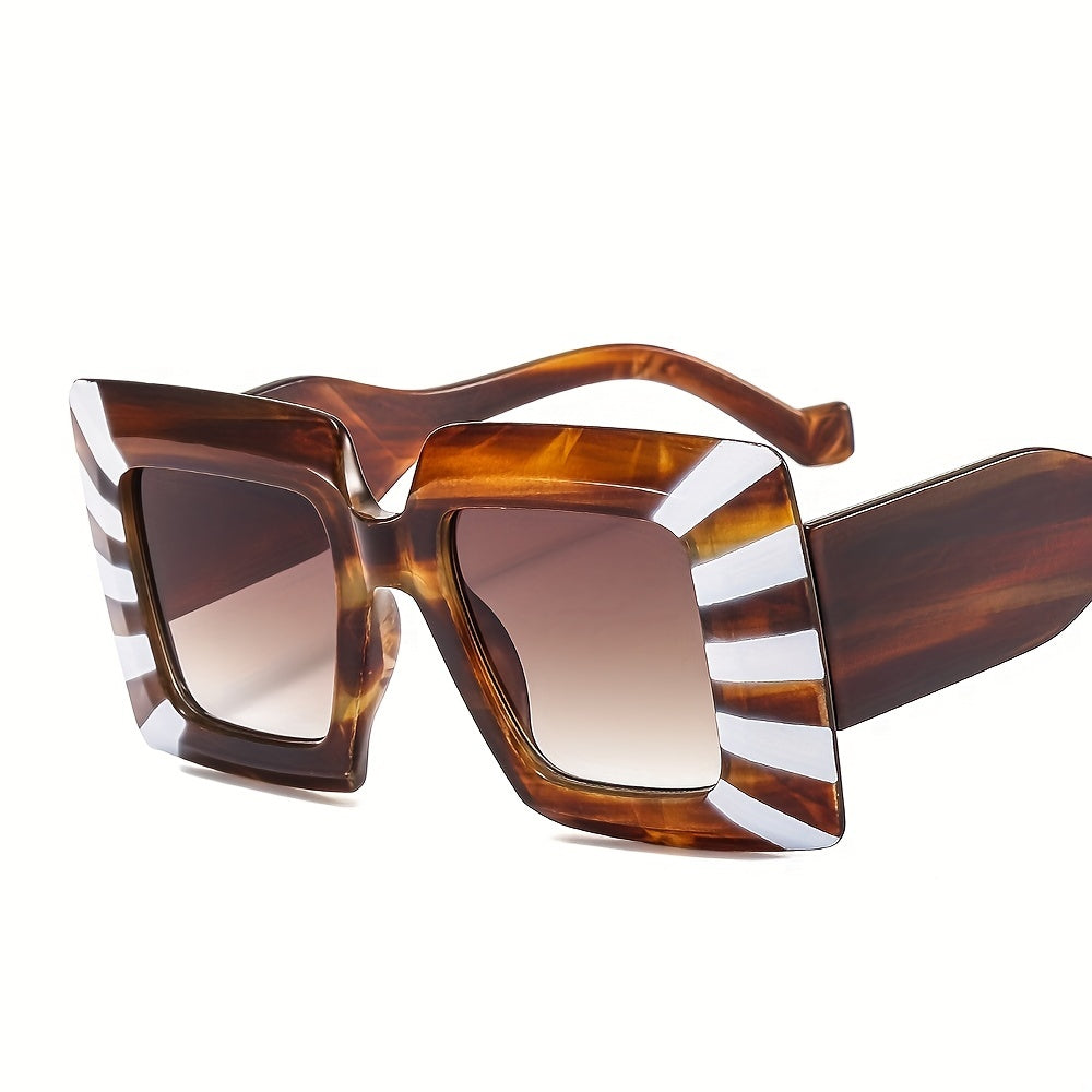 Oversized Square Frame Sunglasses Block Striped Glasses Wide Temple UV400