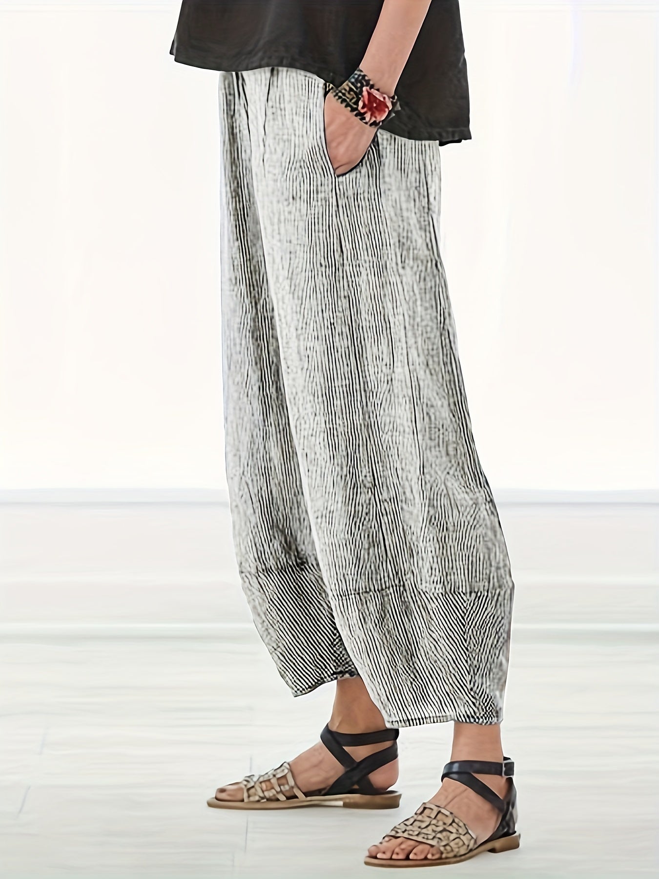 Women's Plus Stripe Print High Rise Loose Lantern Trousers