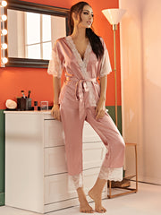 Lace Satin Pajama Set Short Sleeve Robe Women's Sleepwear
