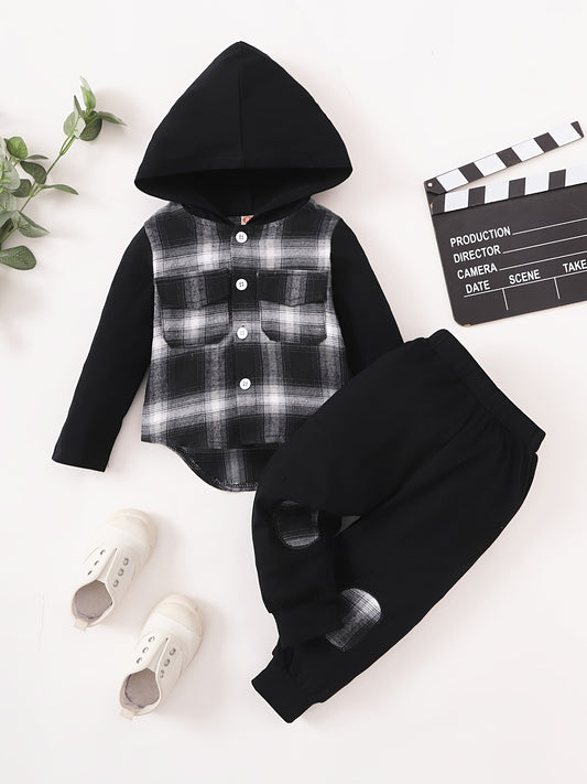 Baby Boys Hooded Top & Pants Plaid Set Baby Kids Clothes
