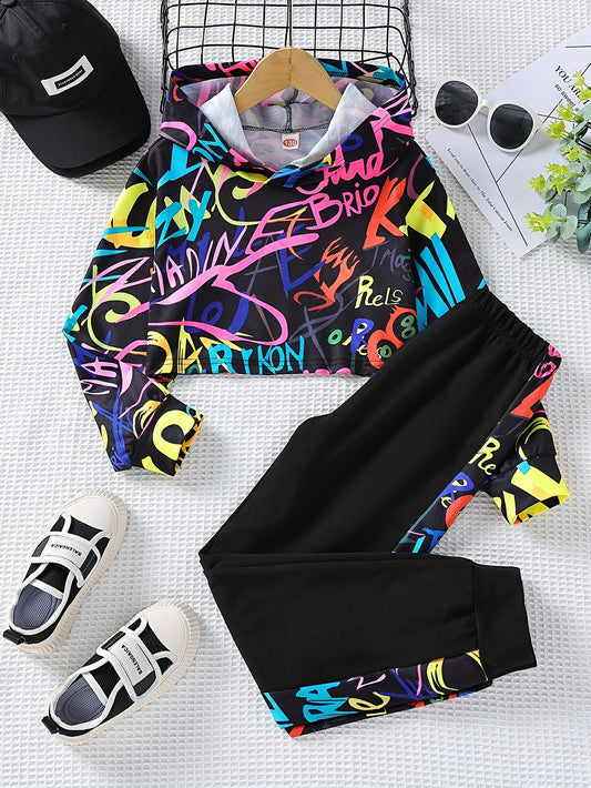 Girls Crop Hoodie & Sweatpants Set Allover Print Top Casual Outfits