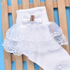 3 Pairs Girls Lace Brim Ruffled Bow Knit Crew Socks