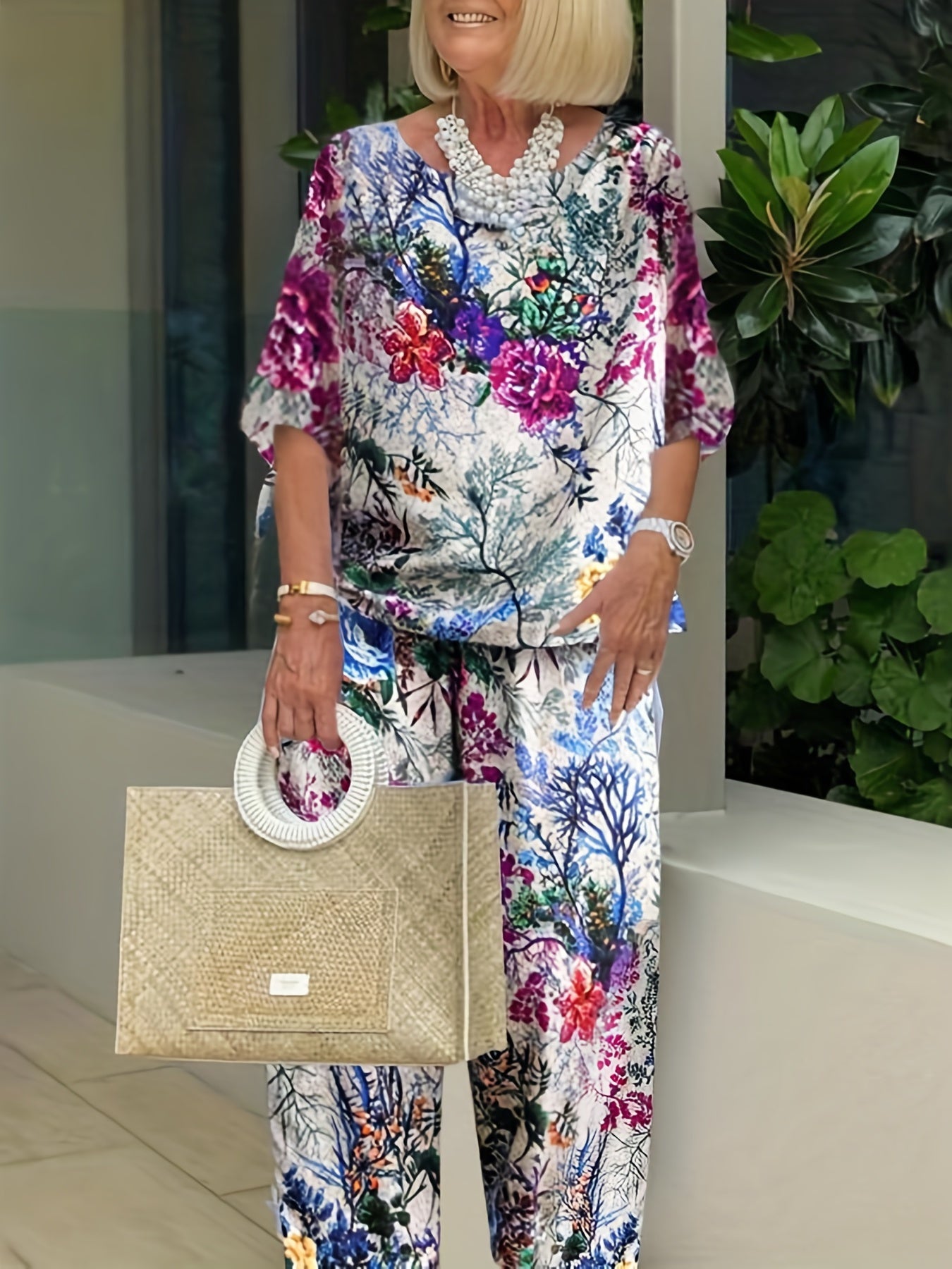  Floral Print Top & Wide Leg Pants Set