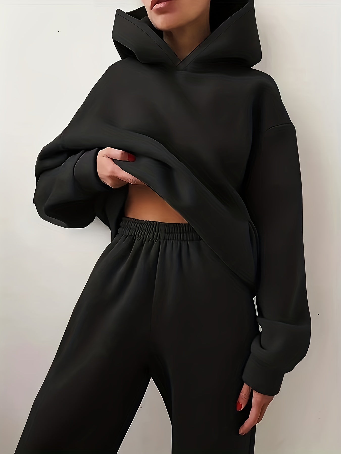 Casual Solid 2pc Set Kangaroo Pocket Hoodie & Pants Women's Outfit