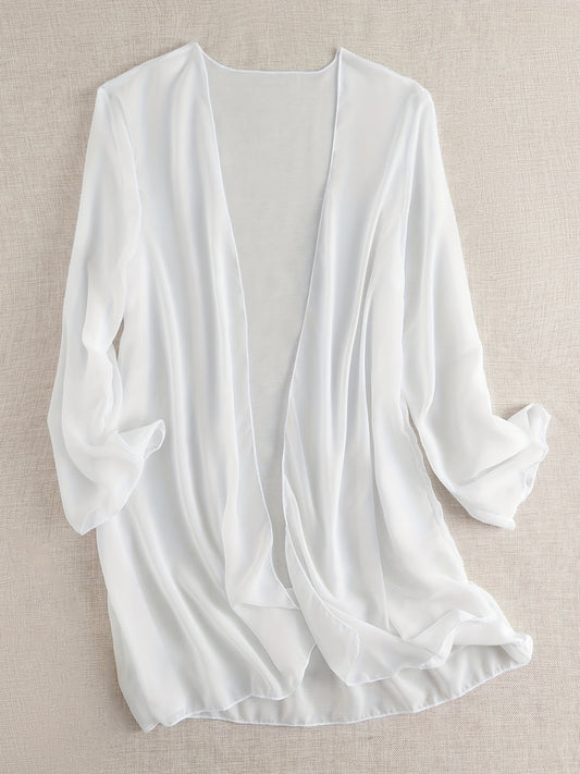 Sheer Chiffon Open Front Kimono Cover Up Long Sleeve Beach Cardigan