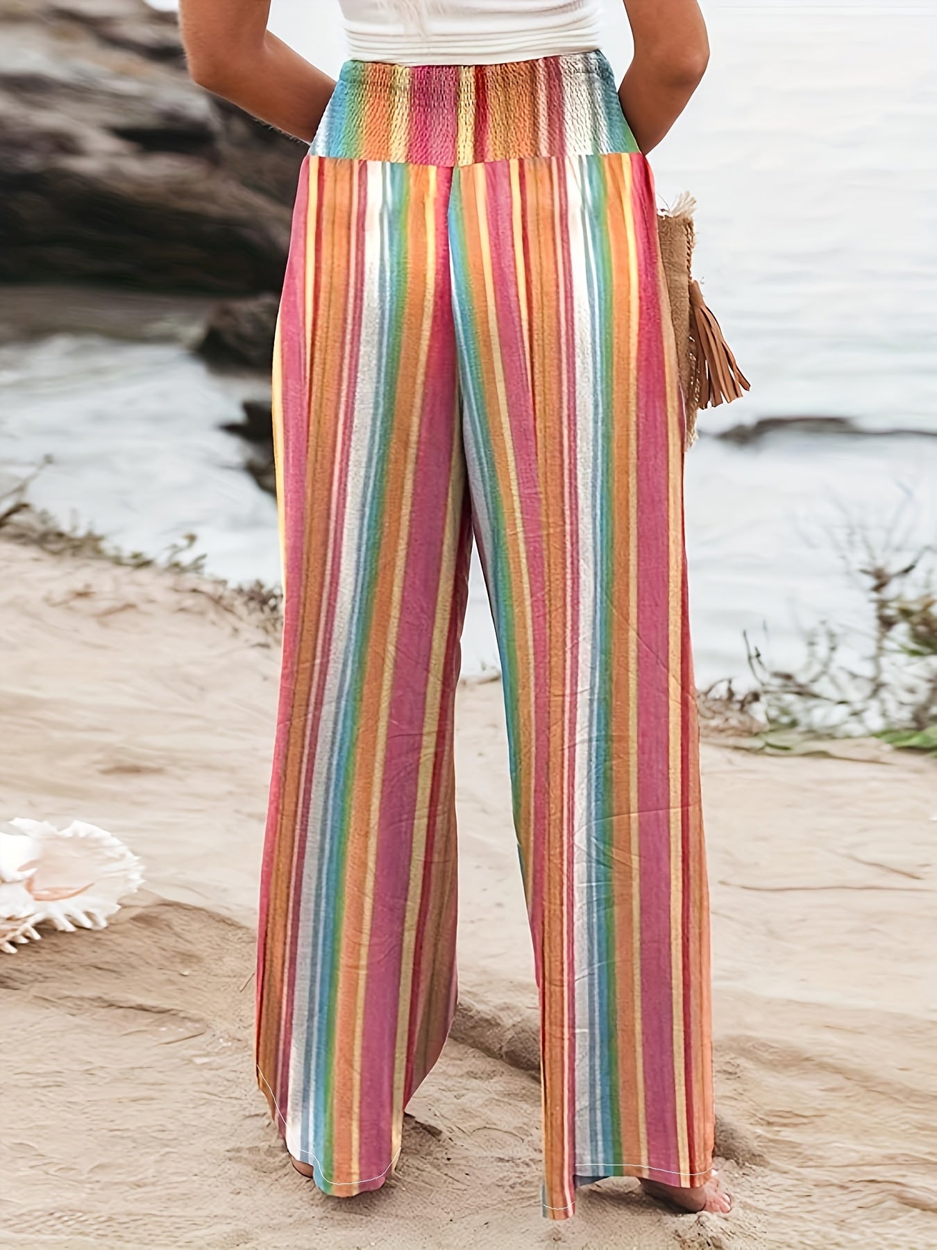  Boho Pants Women's Plus Colorblock Stripe Print Wide Leg Trousers
