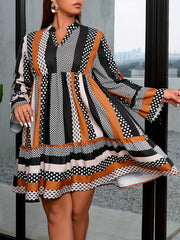  Colorblock Dot Print Bell Sleeve Mini Dress