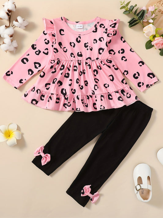 Girls Ruffle Top & Waist Pants 2pcs Leopard Print Bow Kids Clothes