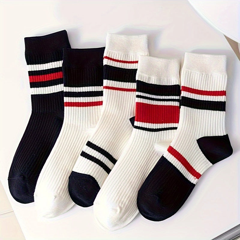 5 Pairs Striped Crew Socks Soft & Comfy Women's Stockings & Hosiery