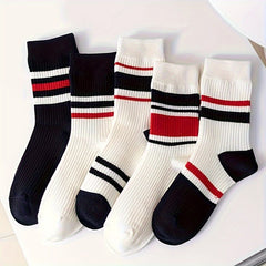 5 Pairs Striped Crew Socks Soft & Comfy Women's Stockings & Hosiery