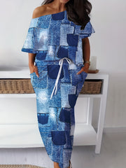  Denim Print One Shoulder Top & Skirt Set