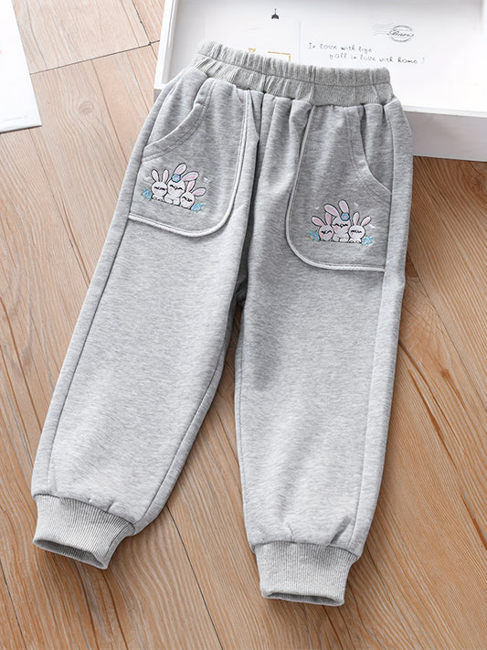 Girls Bunny Embroidered Jogger Pants for Spring Fall