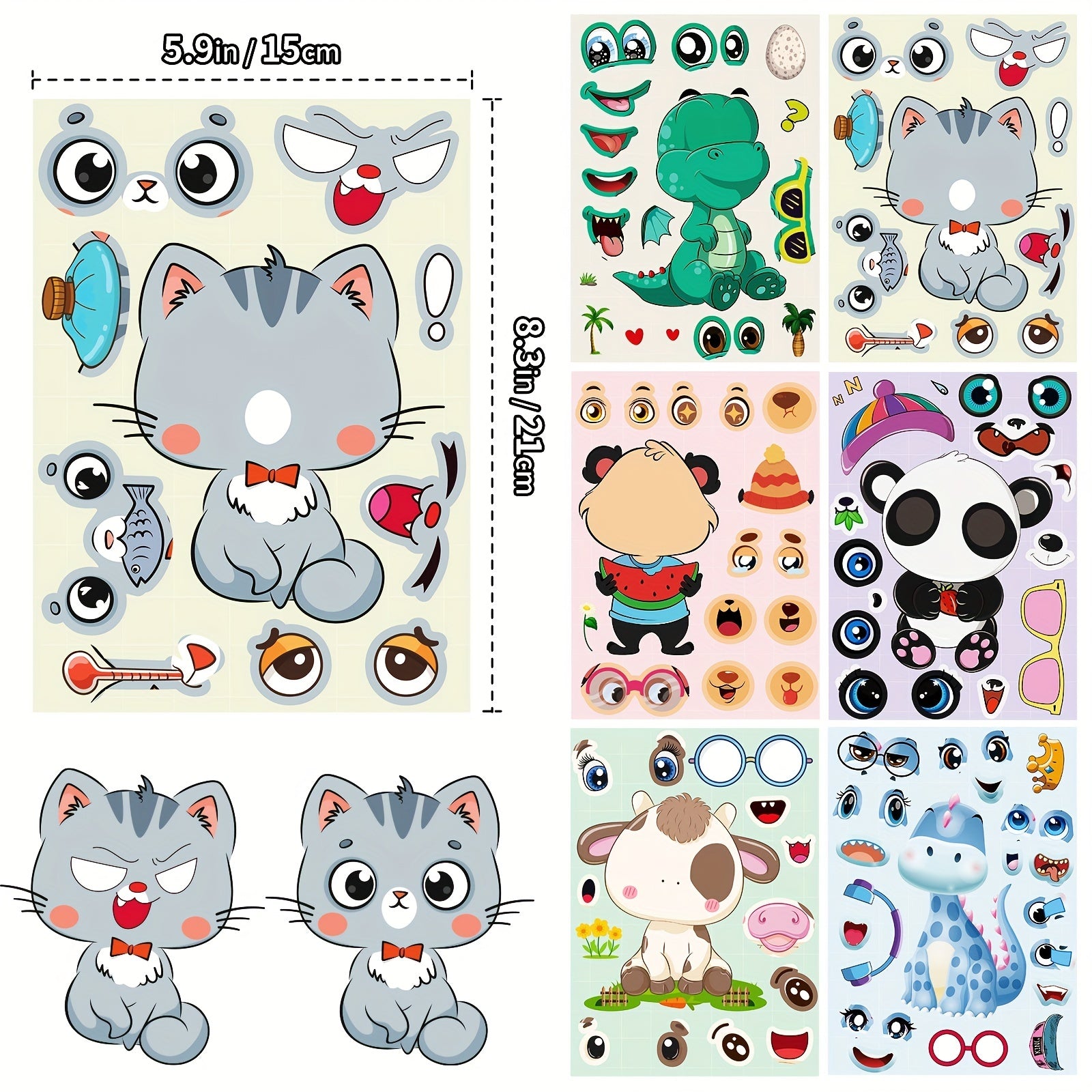 6pcs Animal Puzzle Stickers Educational DIY Face Changing Stickers