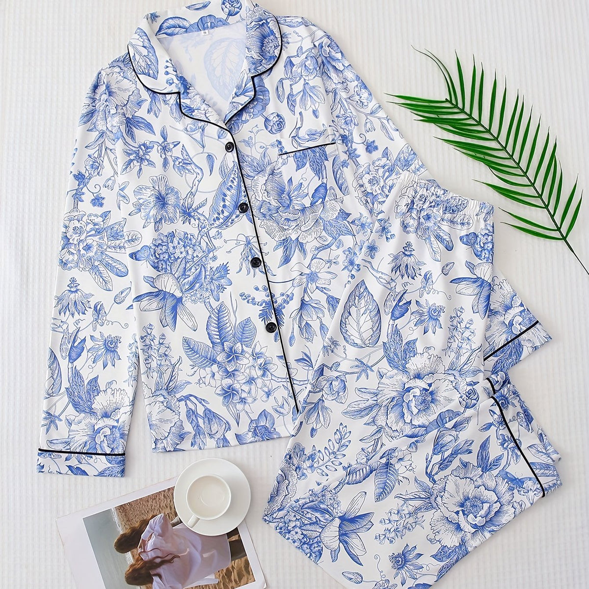 Floral Print Pajama Set Long Sleeve Top & Pants Women's Sleepwear