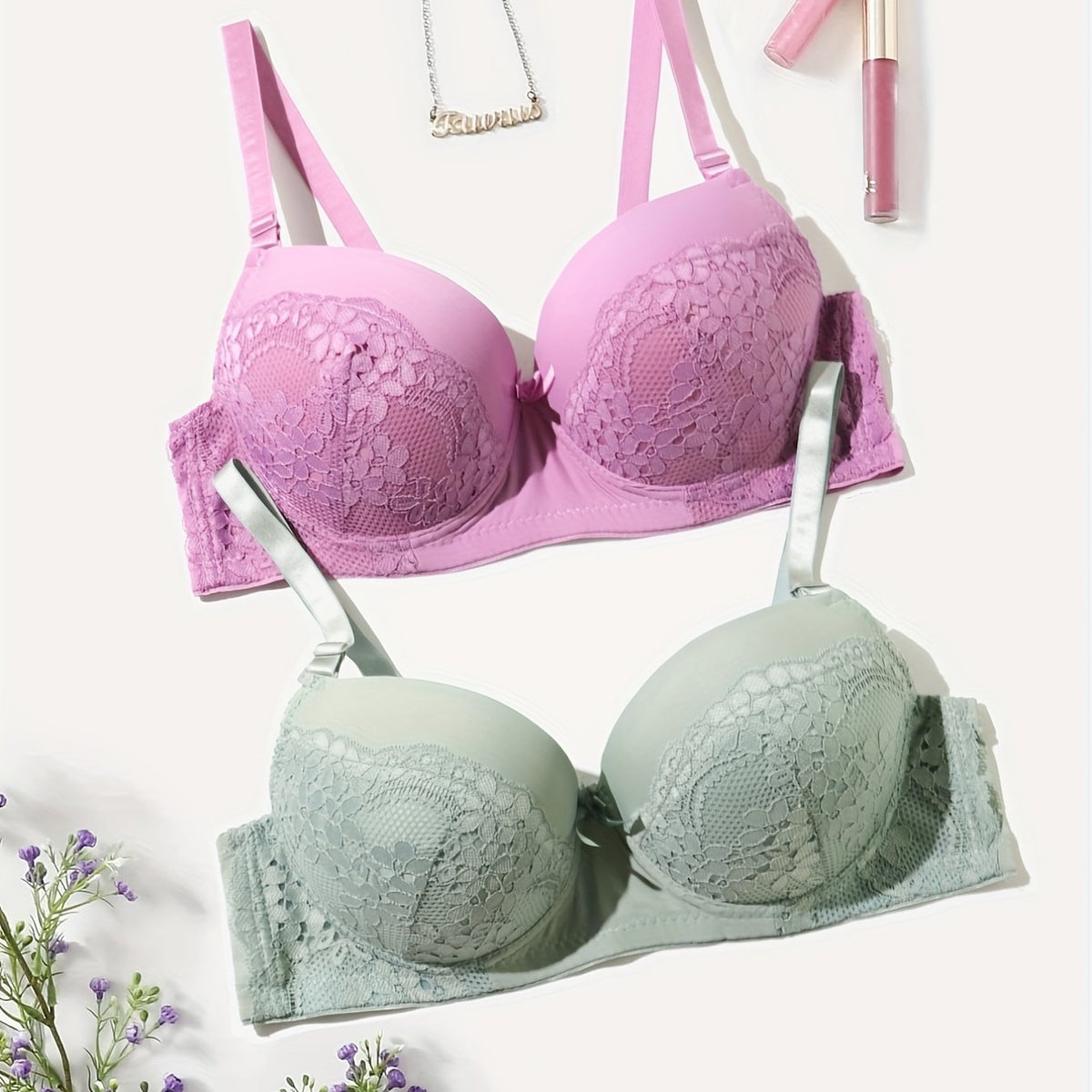 2pcs Lace Push Up Bras Comfy & Breathable Intimates Women's Lingerie