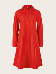 Solid Pocket Dress Long Sleeves V neck Mid length Dress