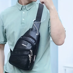 Men's Leather Crossbody Bag with Earphone Hole Large Capacity Satchel Chest Bag