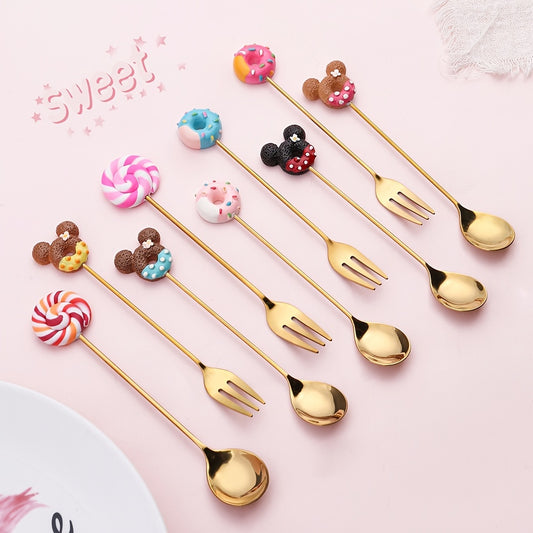 4pcs Stainless Steel Dessert Cutlery Set 2 Forks 2 Spoons Coffee Spoon