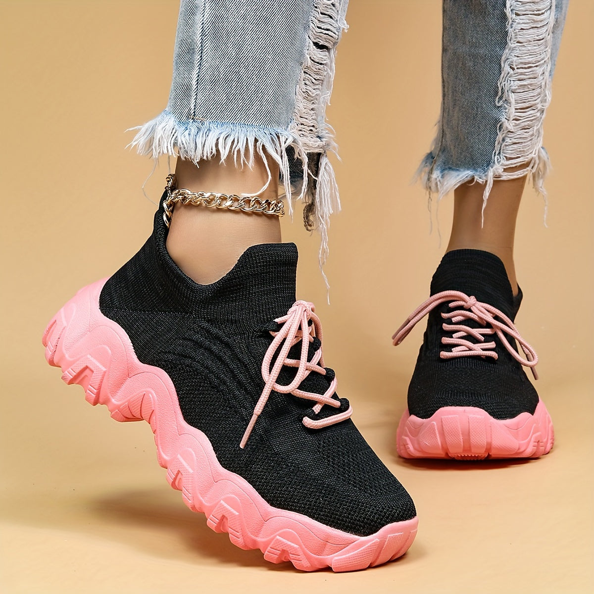 Thick Sole Shock Absorption Running Shoes Breathable Lace Up Outdoor Sneakers