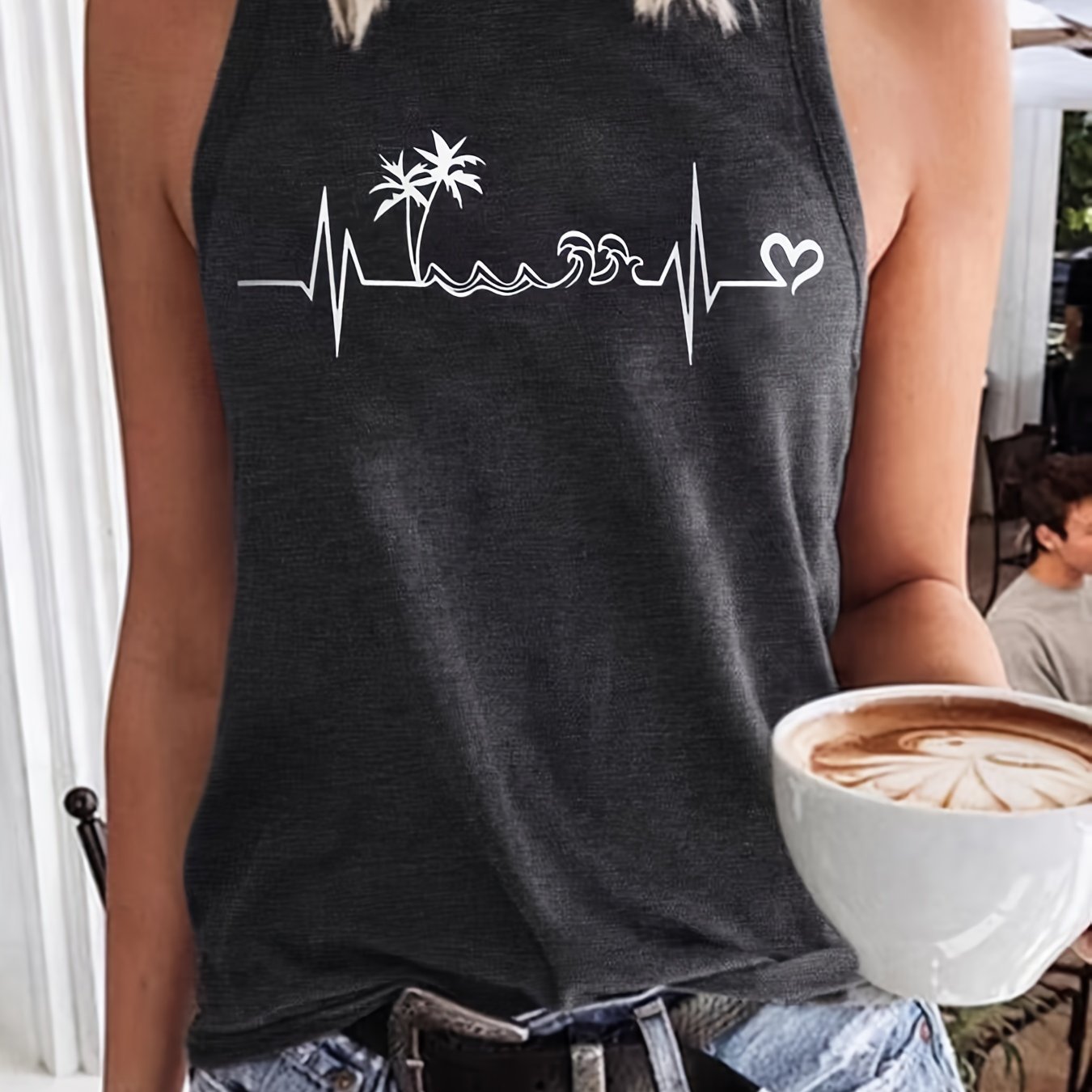 Coconut Tree Print Tank Top Crew Neck Sleeveless Casual