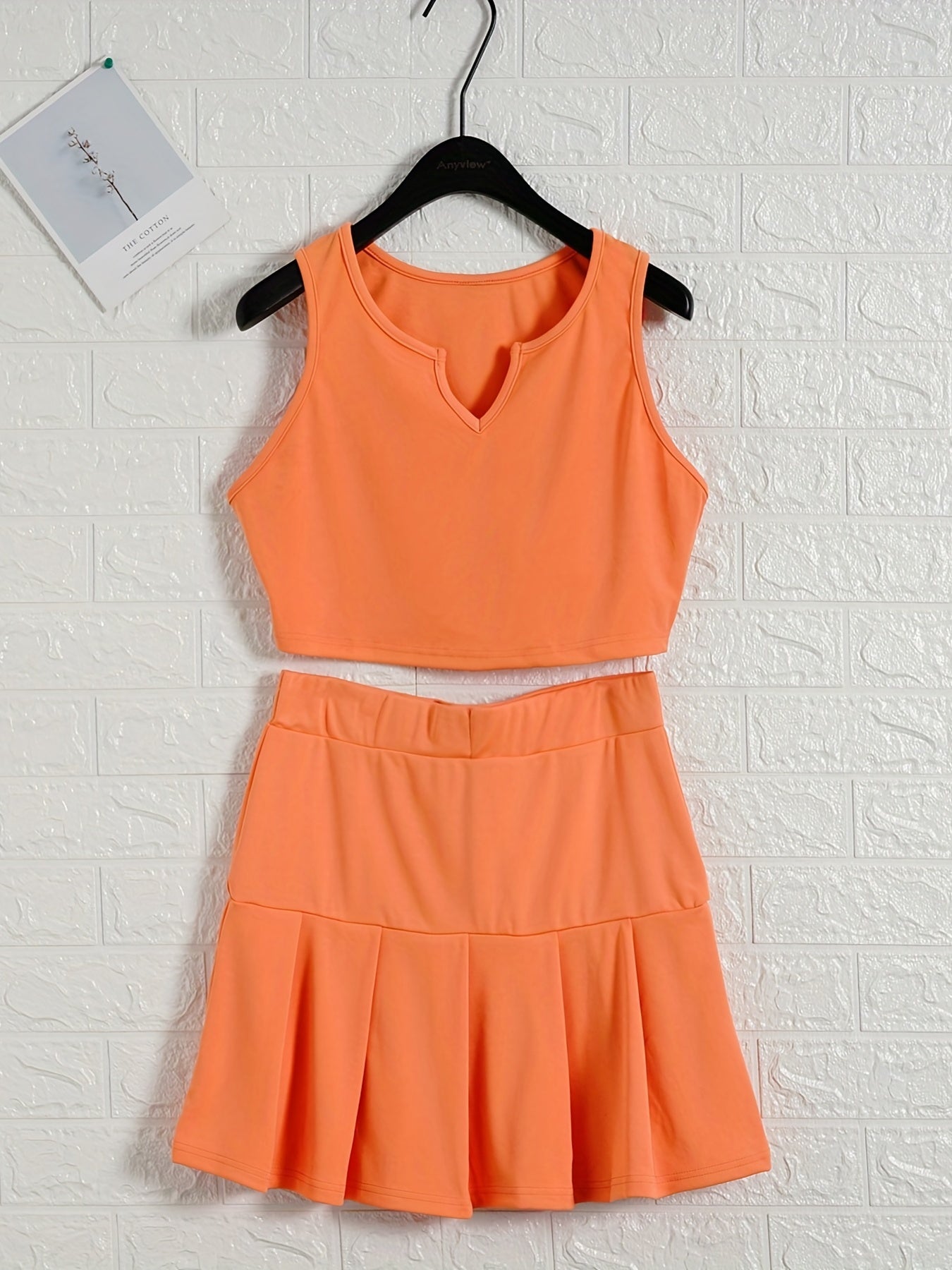  Solid Tank Top & Pleated Skirt Outfits Two Piece Set