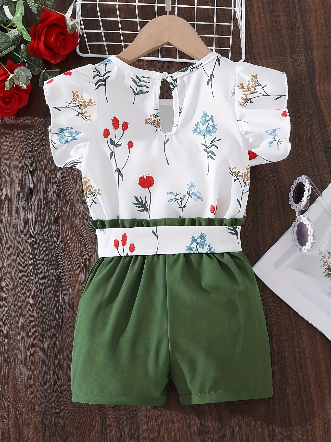 Girl's Floral Pattern Ruffle Sleeve Shirt & Belted Shorts Set