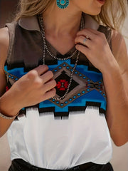 Geo Print Polo Neck Tank Top Vintage Sleeveless Tank Top