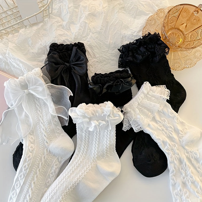 6 Pairs Lace Trim Textured Socks Women's Mid Tube Stockings