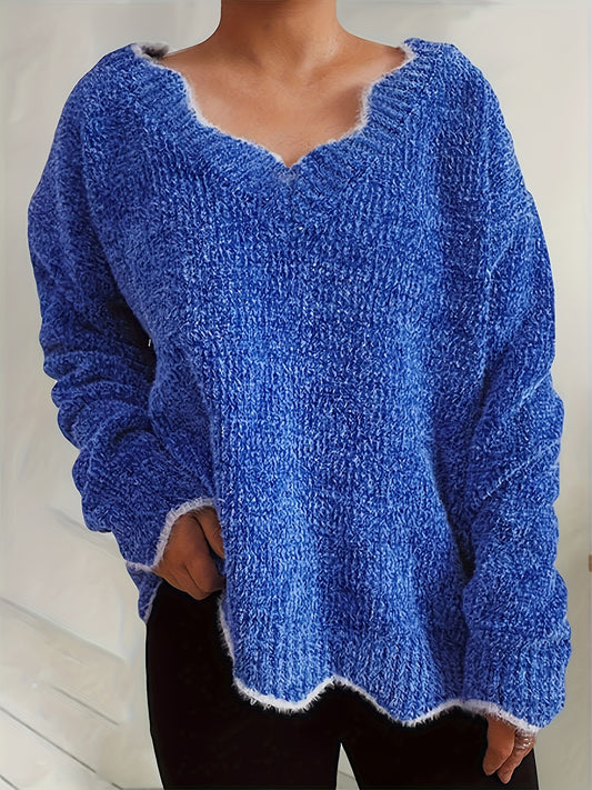  Casual Sweater Women's Plus Colorblock Floral Trim Long Sleeve V Neck