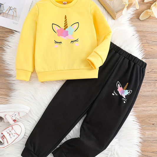 Girl's Unicorn Pattern 2pcs Sweatshirt & Sweatpants Set