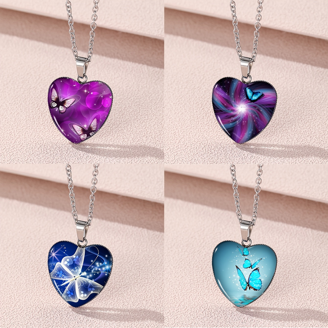 Butterfly Pattern Drop Necklace With Heart Shape Glass Pendant Neck Chain