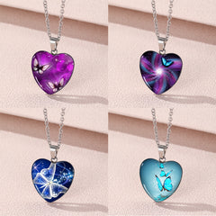 Butterfly Pattern Drop Necklace With Heart Shape Glass Pendant Neck Chain