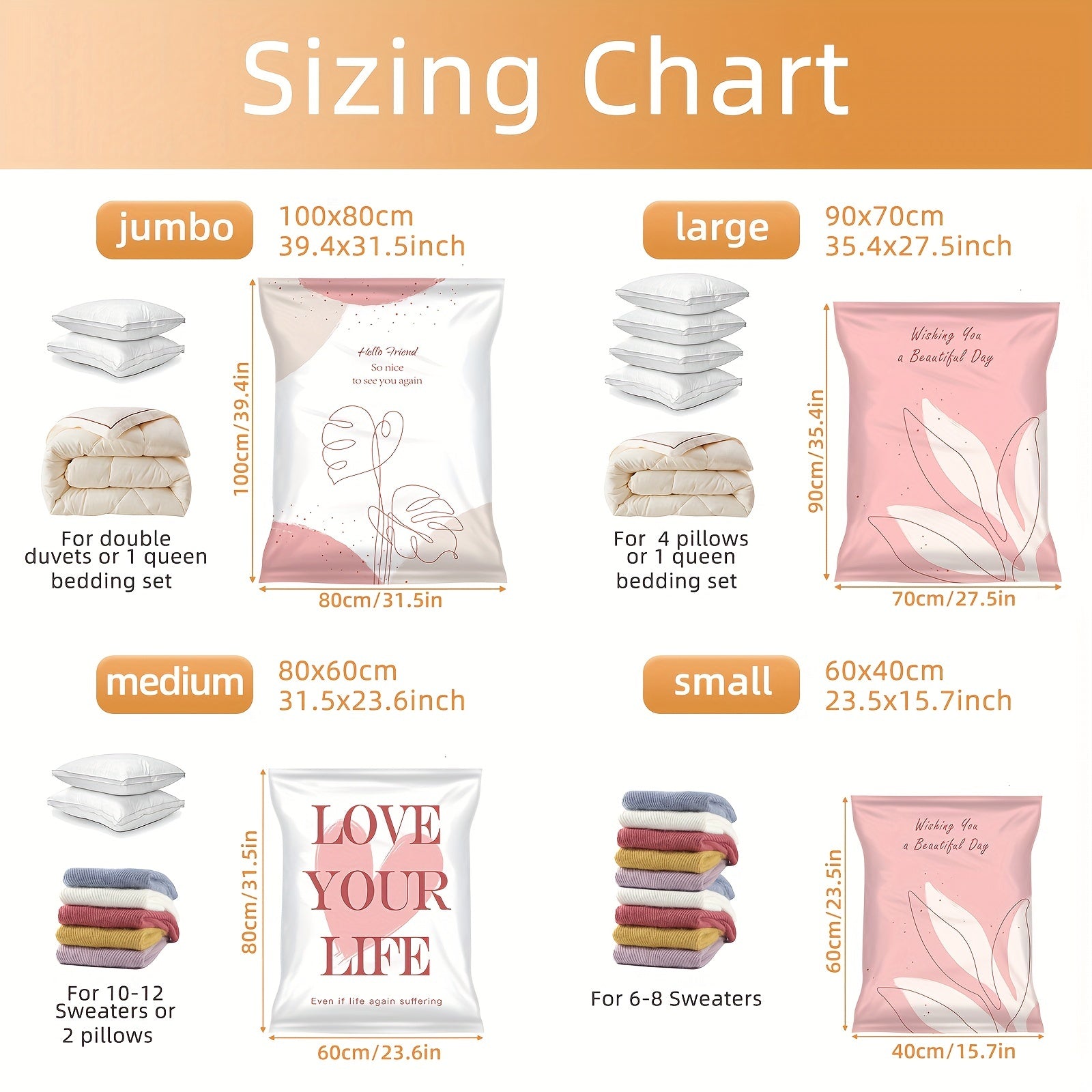 6pcs Vacuum Compression Storage Bags for Clothes Blankets - Space Saving