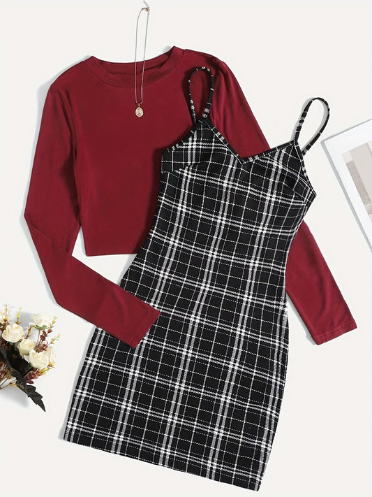 Preppy Two-piece Set Solid Long Sleeve Tops & Plaid Print Dress