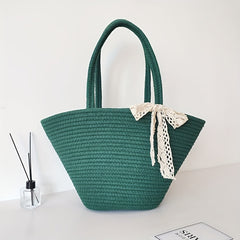 Minimalist Straw Satchel Bag Solid Handbag Travel Storage Bag