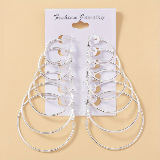 6 Pairs Silvery Big Circle Hoop Earrings Stainless Steel Silver Plated Jewelry
