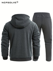 Men's Thick Hooded Jacket and Stretch Pants Sports Suit