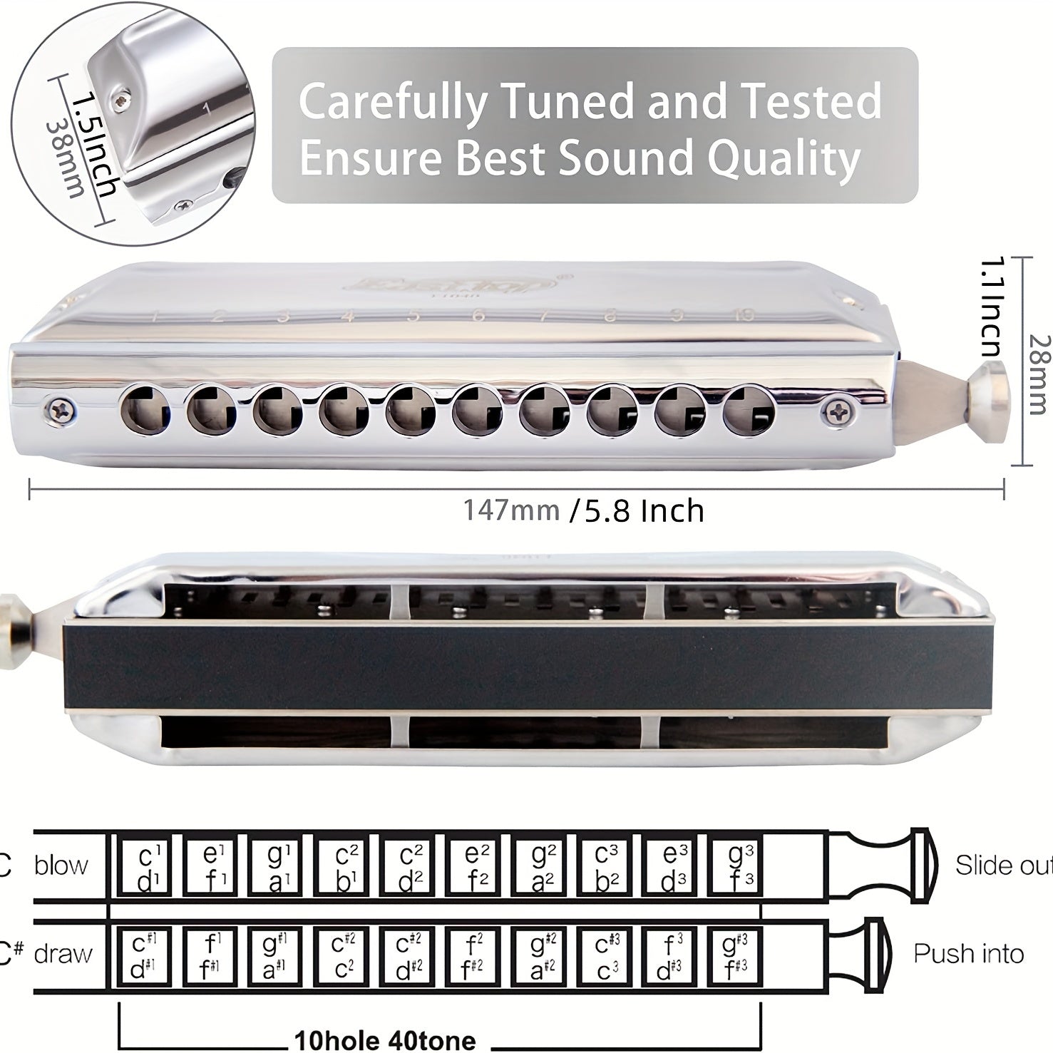 Chromatic Harmonica Key Of C 10 Holes 40 Tones Mouth Organ