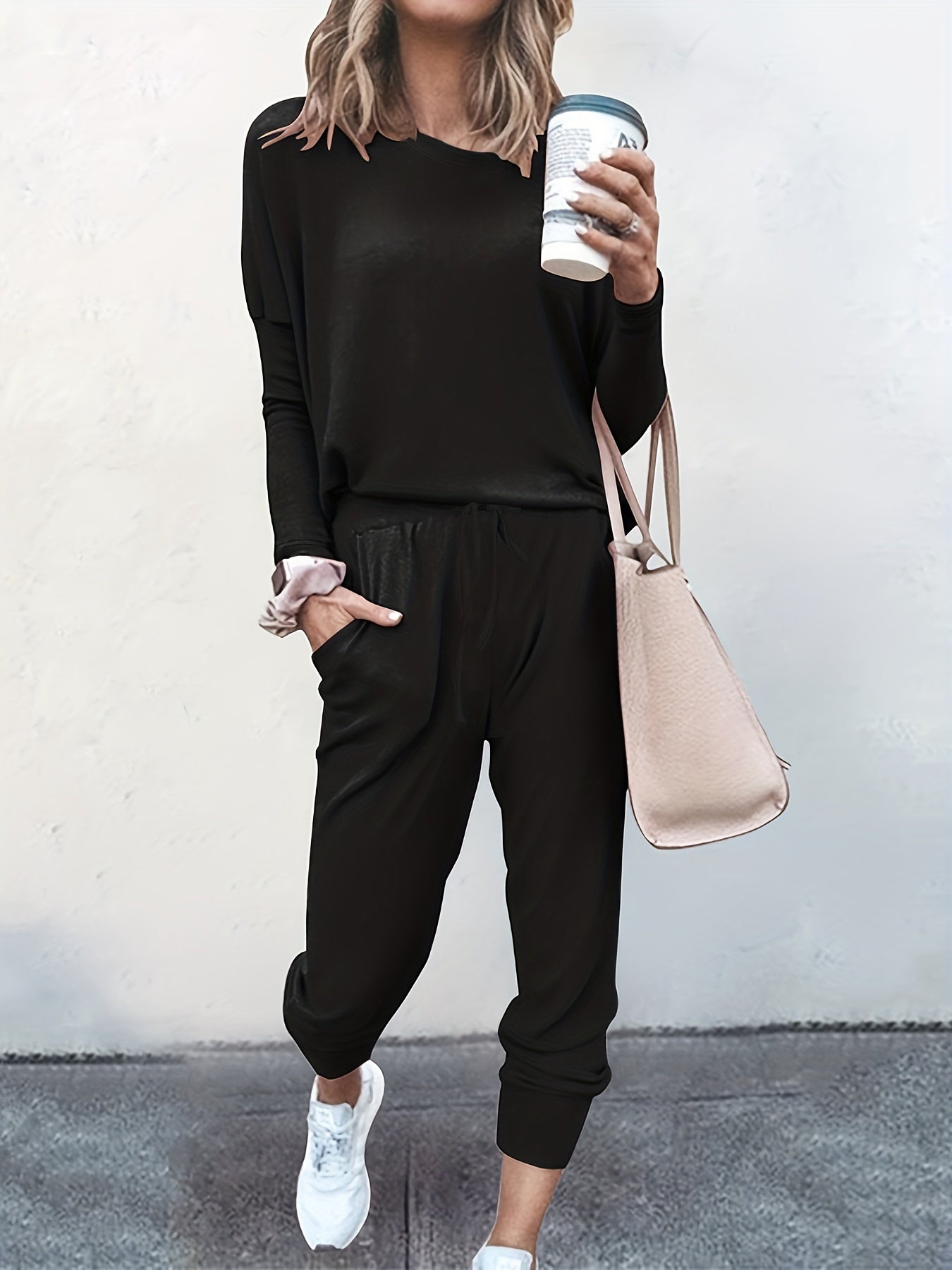  Women's Solid Long Sleeve Top & Drawstring Jogger Set