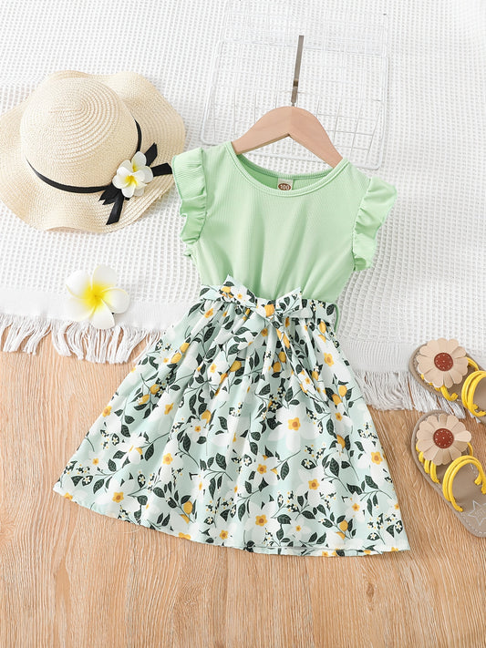 Toddler Girls Ruffled Sleeves Floral Belted Princess Dress