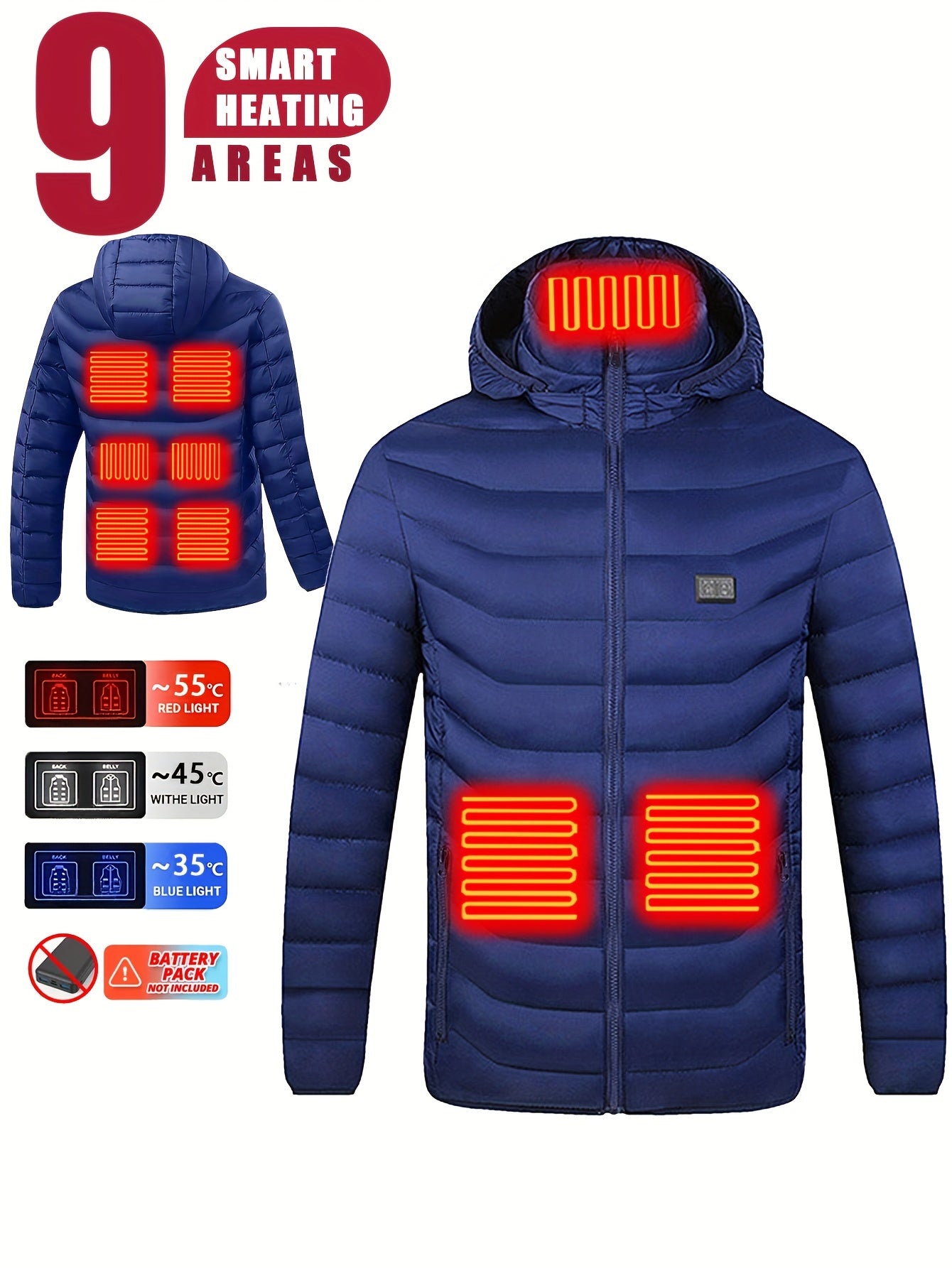 Men's Heated Hooded Jacket Lightweight Thermal Coat for Outdoor Activities