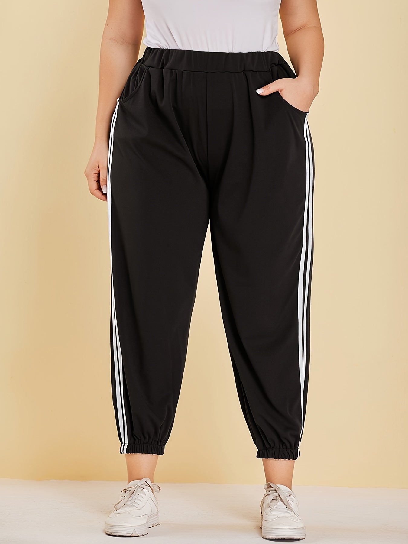 Women's Plus Size 2 Stripes Loose Fit Cuffed Ankle Casual Pants