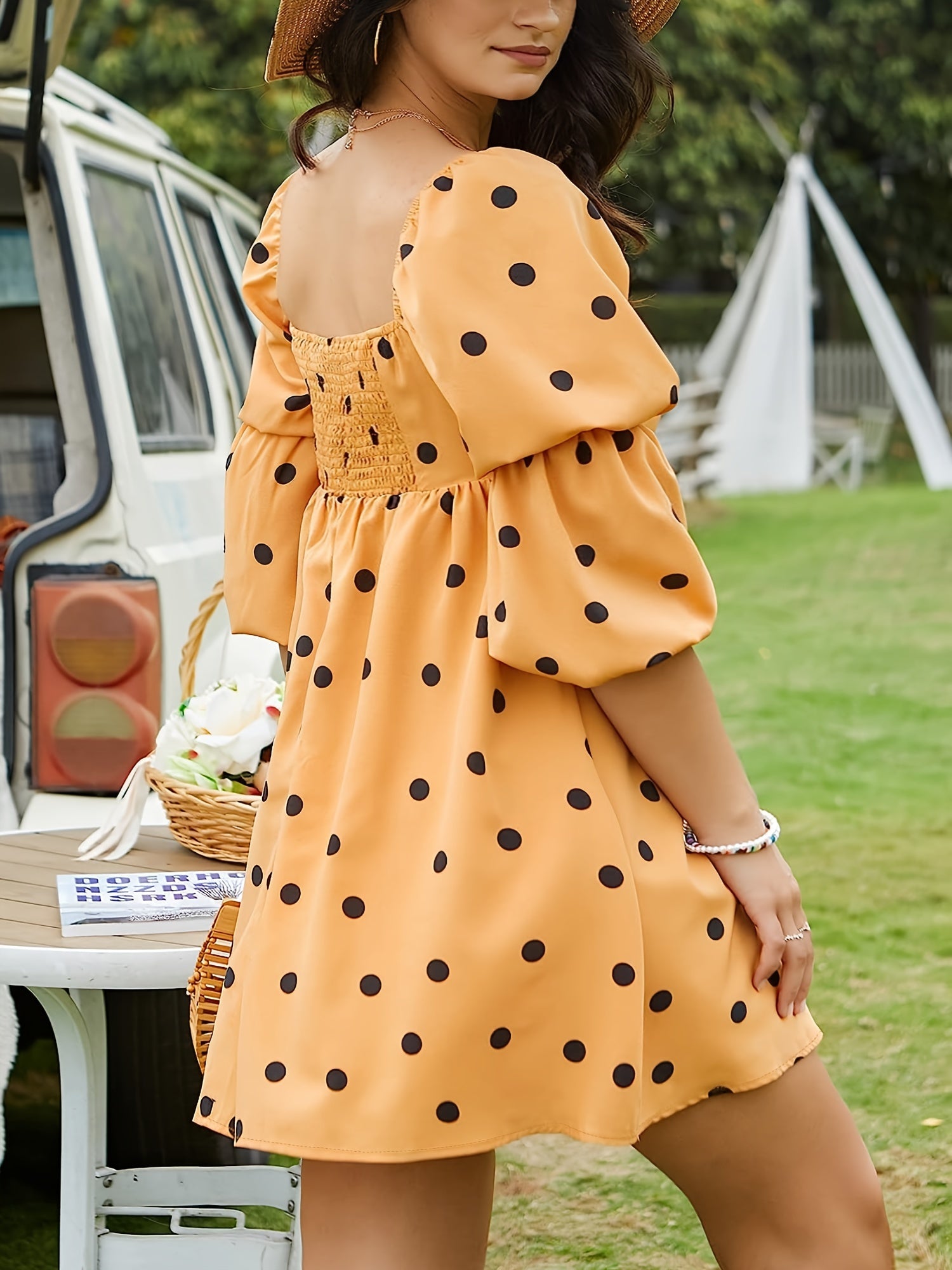  Off Shoulder Dot Print Puff Sleeve A line Mini Dress