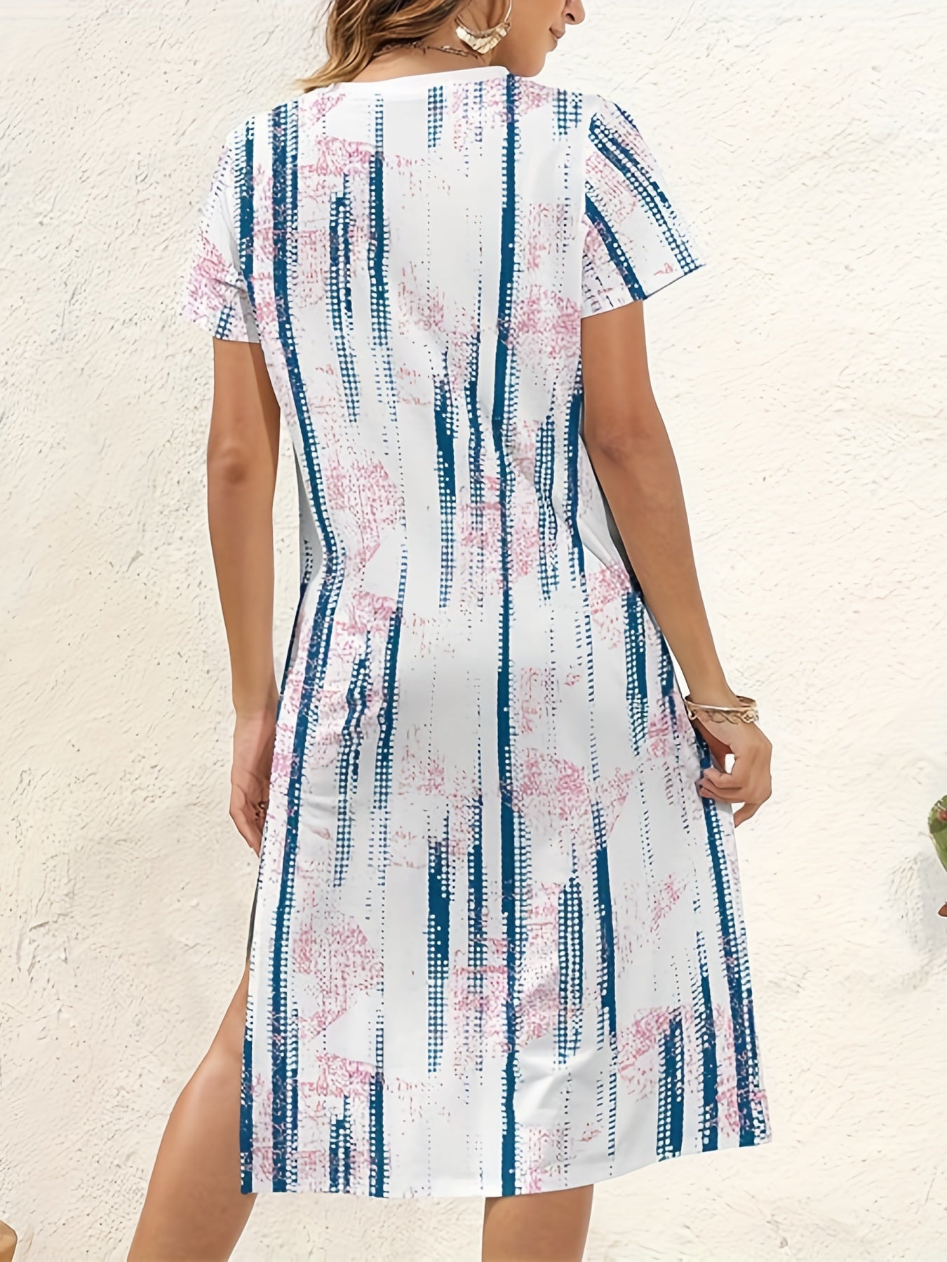  Tie Dye & Stripe Print Split Dress