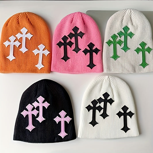 Gothic Cross Patch Knitted Beanie Solid Skull Hat Hip Hop Warm Knit Hat