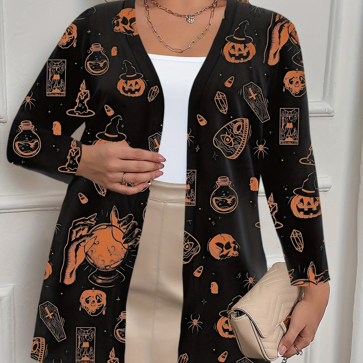 Women's Plus Graphic Print Long Sleeve Cardigan