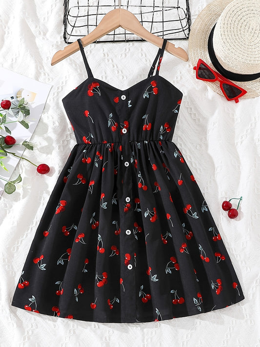 Girls Cherry Graphic Button Cami Princess Dress