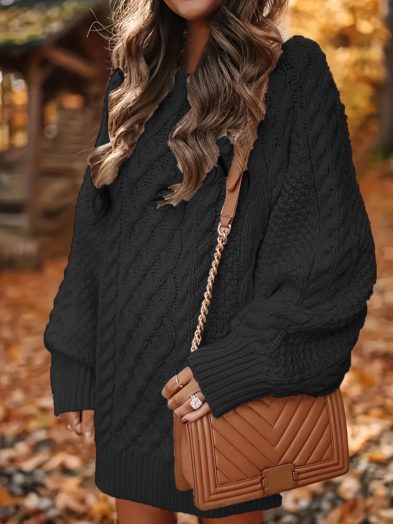  Cable Lantern Sleeve Sweater Dress Loose Fit M